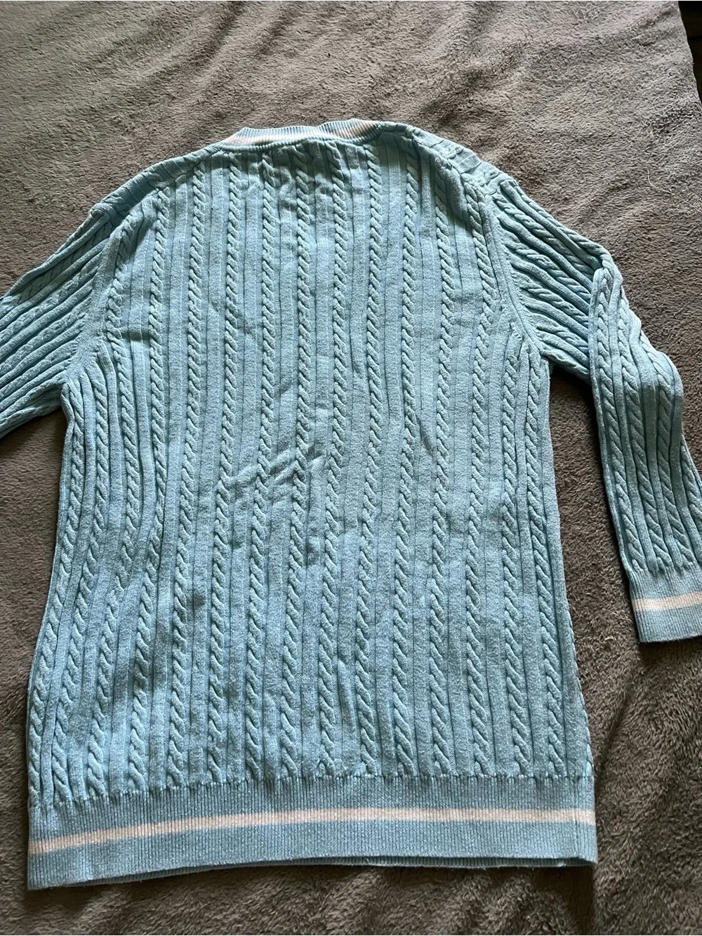 Burberry Light Blue Cable Knit V-Neck Sweater with White Trim